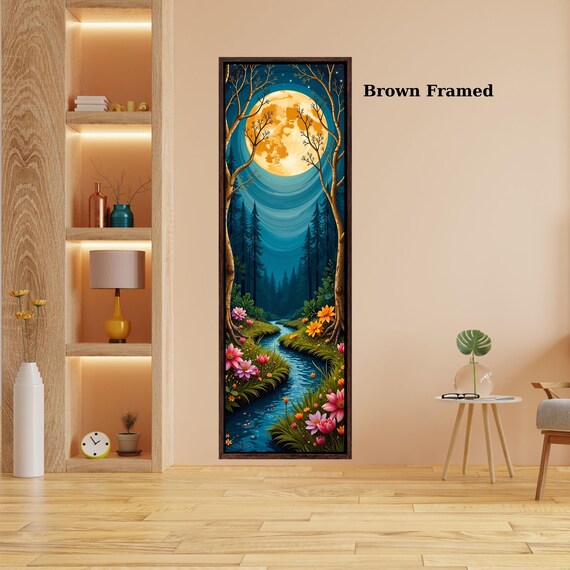 Gustav Klimt Style Magical Forest Canvas Wall Art with Full Moon Sky and River Dreamy Nature Print for Bedroom or Living Room Wall Decor