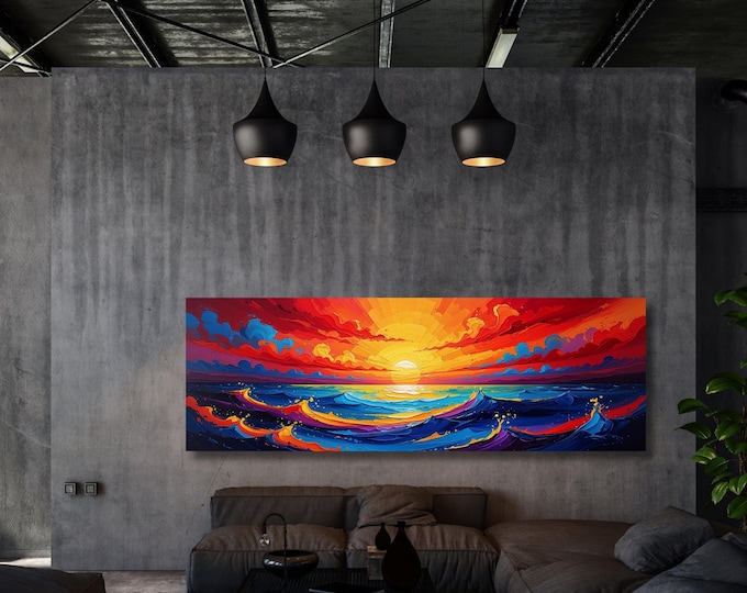Panoramic Sun Landscape Canvas Wall Art,Framed Canvas Japanese Style Mid Century Exhibition Long Narrow Print,Large Modern Living Room Decor