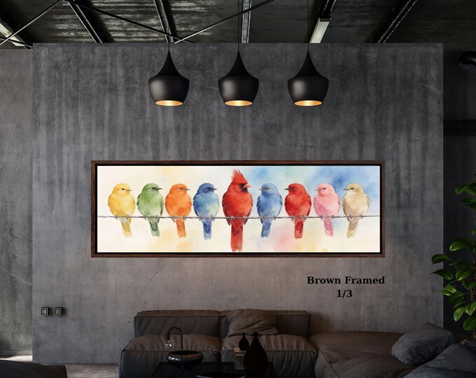 Colorful Birds on Wire Canvas Wall Art, Rainbow Songbirds Watercolor Painting, Panoramic Bird Decor, Large Horizontal Wildlife Art Print art