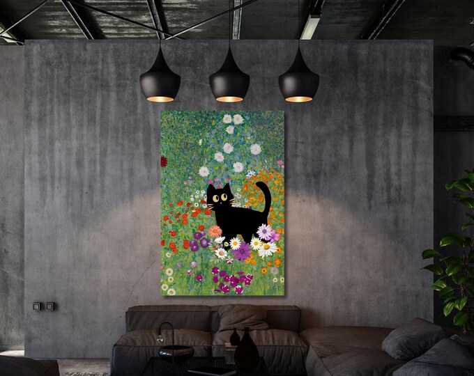 Klimt Black Cat Canvas Print: Flower Garden Wall Art (Ready to Hang)
