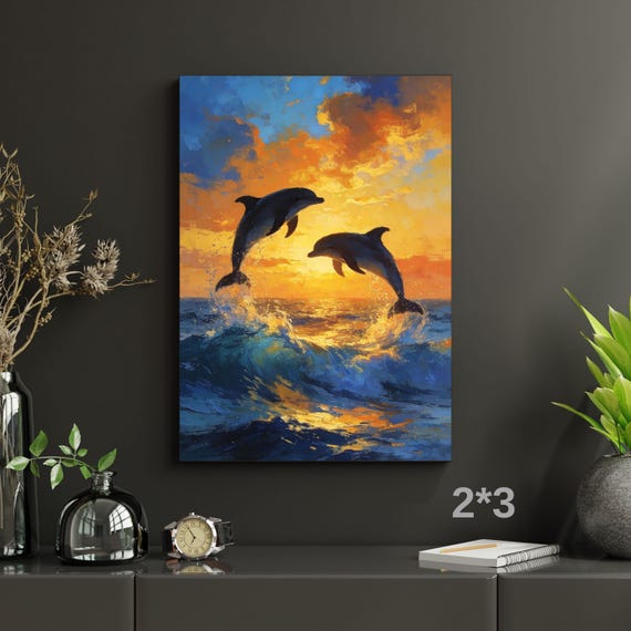 Jumping Dolphins Sunset Canvas Art, Abstract Ocean Waves Wall Decor, Framed Ready to Hang Sea Landscape, Vibrant Coastal Living Room Poster