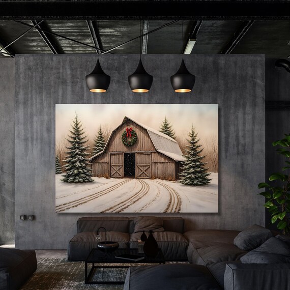 Christmas Farmhouse Canvas Art: Vintage Barn, Winter Scene
