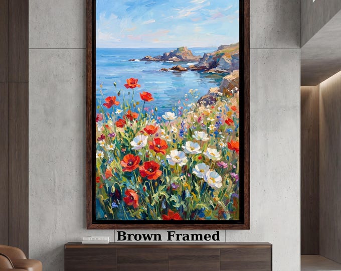 Coastal Poppy Field Canvas Art, Ocean Landscape Wall Decor, Impressionist Seascape Painting, Vertical Wildflower Meadow Print, Blue Sea Art