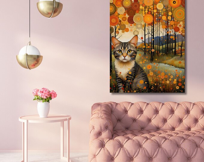 Black Cat Garden Canvas: Klimt Inspired Wall Art (Multiple Sizes)