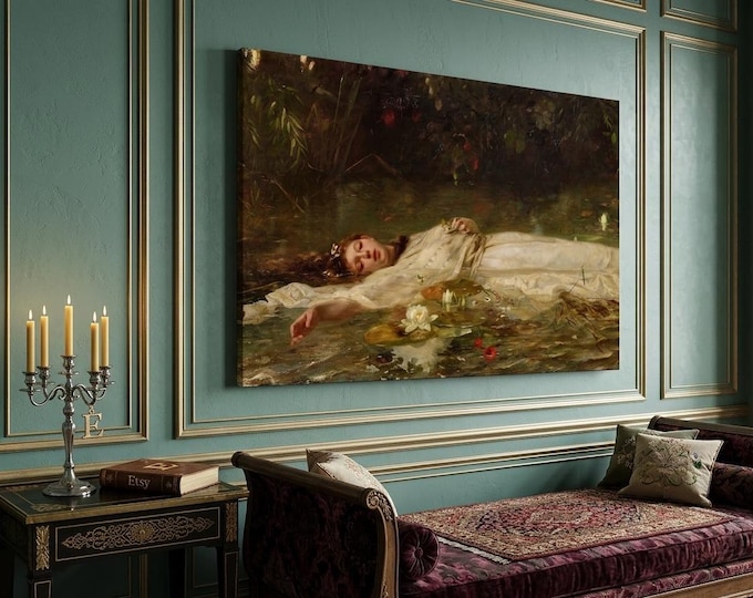 Ophelia by Friedrich Heyser Canvas Art, Dark Academia Decor, Moody Floral Wall Art,Shakespeare Hamlet Painting, Vintage Woman in Water Print