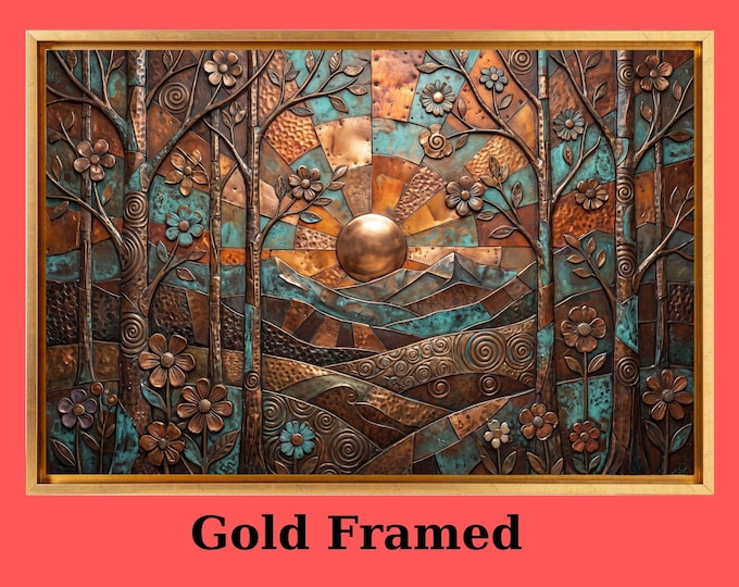 Faux Embossed Copper Sunset Landscape Wall Art, Rustic Industrial Mountain Painting