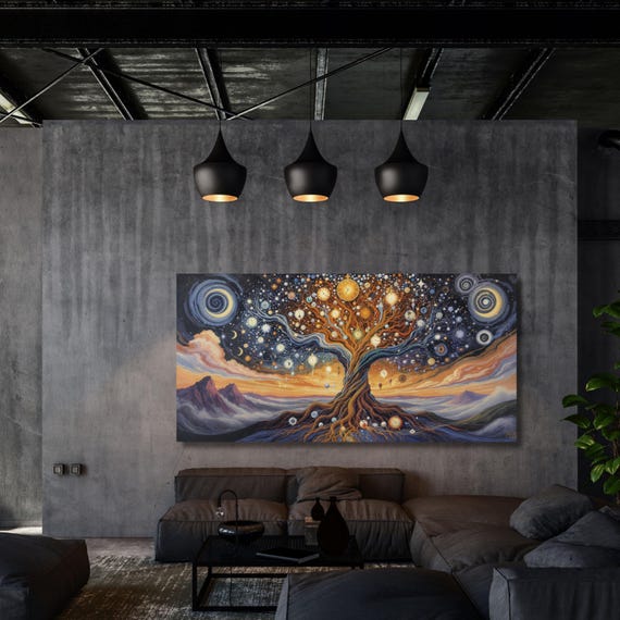 Tree of Life Canvas Wall Art, Gustav Klimt Inspired Golden Painting, Surreal Dali Style Artwork, Abstract Spiritual Decor Artwork Canvas