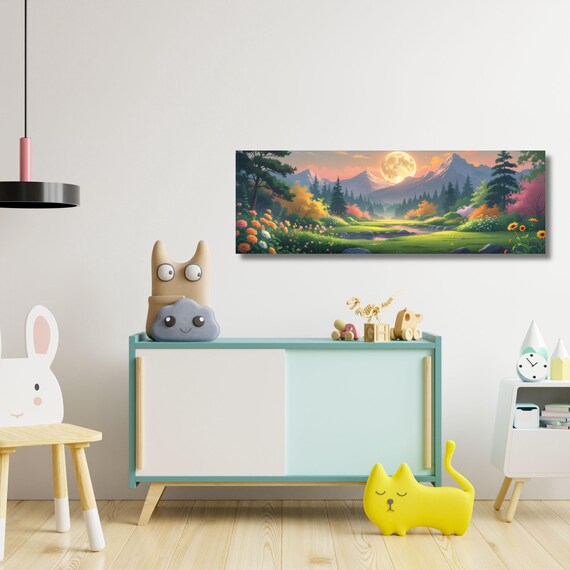 Full Moon Wildflower Canvas, Flower Garden Flower Market canvas, Moonlit Pine Tree Forest wall Art, Rustic Mountain Art, Woodland Klimt Gift