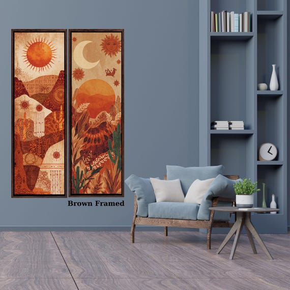 Set of 2 Long Narrow Klimt Inspired Botanical Landscape, Horizontal Boho Sun Moon Star Canvas Wall Art – Mystical Celestial Bohemian Decor