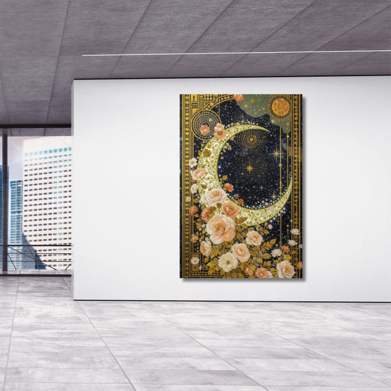 Floral Crescent Moon Dark Canvas Wall Art Cottagecore William Morris Print, Lunar Decor Gift art, Whimsigoth Decor, Botanical Print Canvas