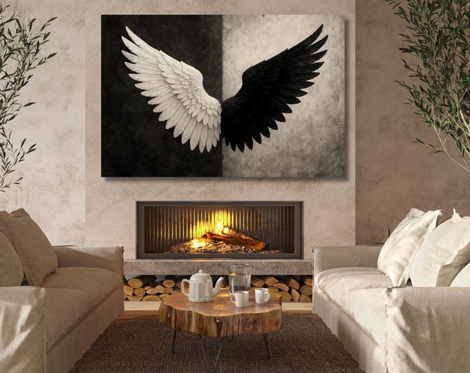 Black White Angel Wings Canvas Art, Minimalist Poster Print, Large Monochrome Wall Decor