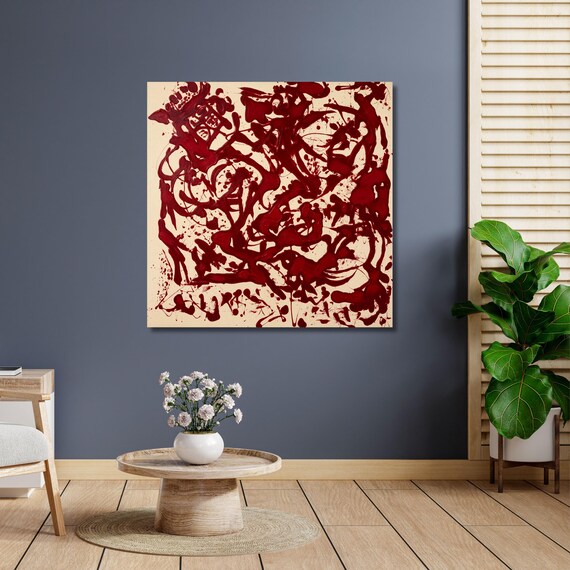 Jackson Pollock Style Abstract Canvas, Red and Cream Drip Painting, Action Painting Inspired Wall Art, Modern Expressionist Decor