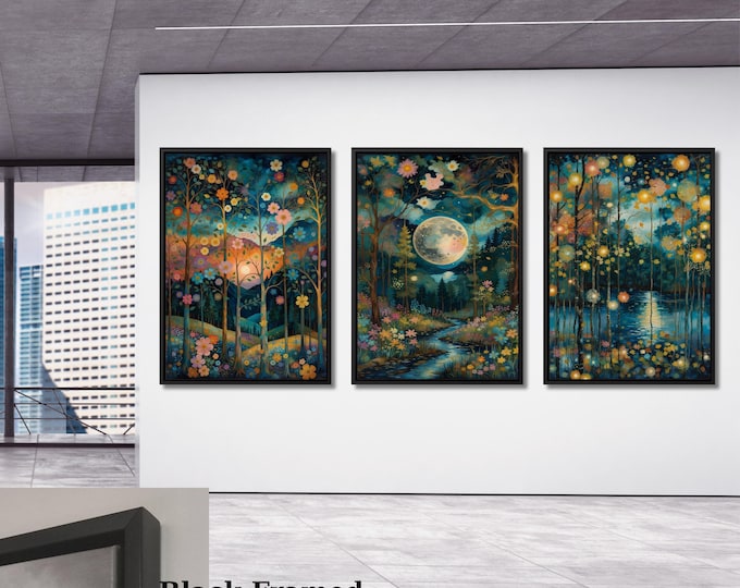 Set of 3 Gustav Klimt Night Canvas Wall Art Klimt style Klimt Moon Stars Canvas Wall Art Modern Living Room Gold Flowers Night Sky wall art