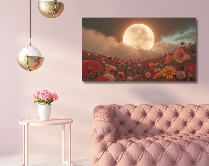 Moonlit Flower Garden Canvas Art: Rustic Floral Landscape