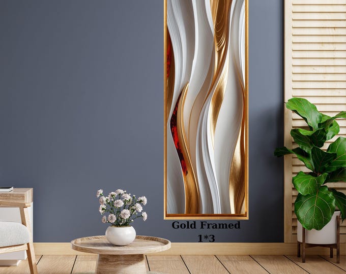 Long Vertical Abstract Wall Art, Gold and White Flow Canvas, Framed Modern Narrow Decor