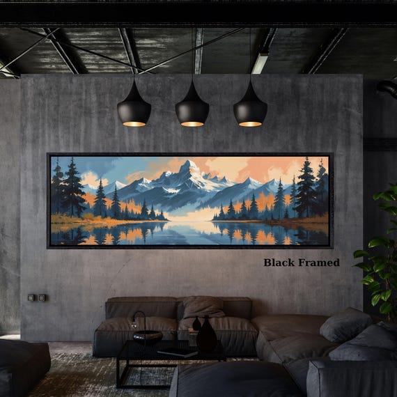 Mount Rainier Mid Century Modern Canvas art Framed Canvas Print, Above Bed Art,Dark Floral Paintingt,Boho Minimal Panoramic Thought Wall Art