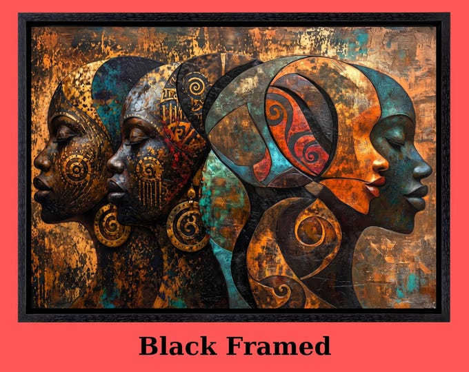 Abstract African Faces Canvas Print, Afrocentric Bedroom Wall Art, Black Woman Profiles Painting, Modern African Culture Gold Leaf Poster