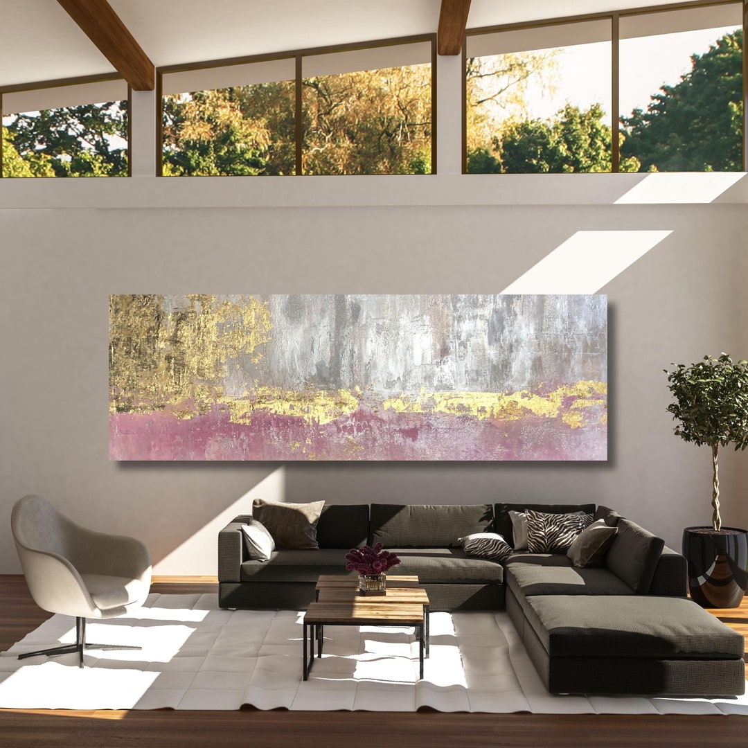 Panoramic Pink and Gold Marble Wall Decor Abstract Canvas Wall Art ...