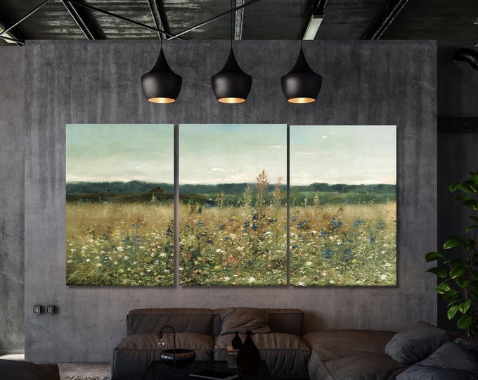 Muted Vintage Wildflowers Field Canvas Triptych, Panoramic Rustic Wall Art Above Bed