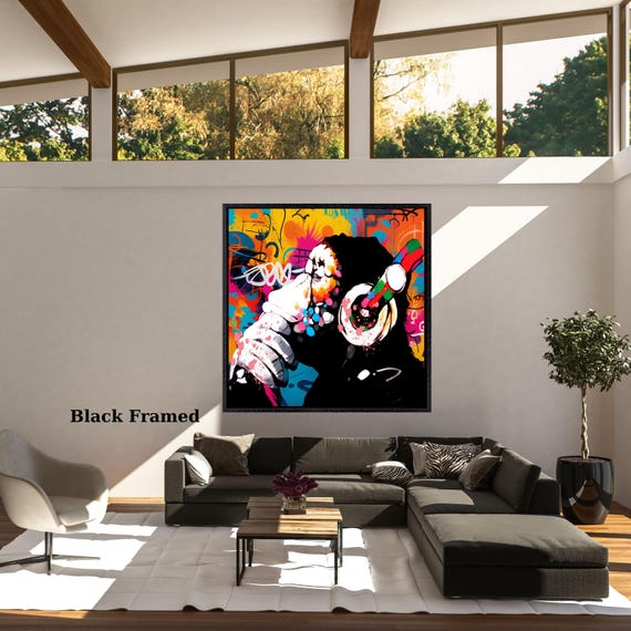 Banksy DJ Monkey Canvas Wall Art Banksy Thinking Square Monkey Music Thinker Graffiti Wall Art Extra Large Wall Art Gorilla Chimp Square