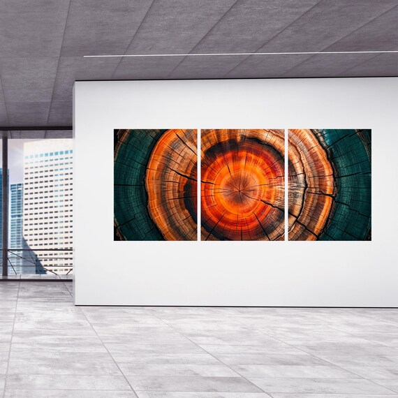 Tree Ring Set of 3 Canvas Prints, Amber and Teal Wood Slice Wall Art, Panoramic Nature Triptych, Modern Abstract Tree Cross Section