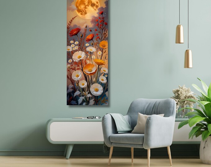 Moonlit Wildflower Canvas Print: Klimt Inspired Rustic Mountain Art