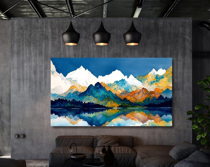 Watercolor Mountain Lake Reflection Print Colorful Snowy Peaks Panoramic Nature Poster Design