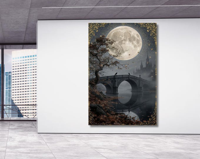 Full Moon Wildflower Canvas Wall Art canvas prints, gothic canvas print, dark academia moody wall art, dark cottagecore, dark aesthetic room
