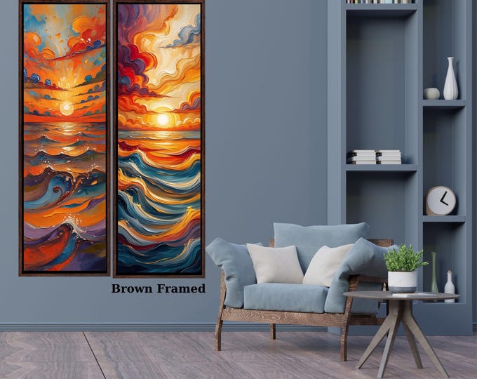 Set of 2 Long Narrow Wall Art,Smoky Sun Painting, Spring Flowers Canvas, Landscape Wall Art Print, Nature Home Decor, Wall Hangings