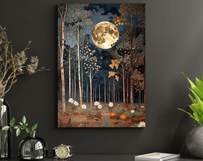 Full Moon Wildflower Canvas, Flower Garden Flower Market canvas, Moonlit Pine Tree Forest wall Art, Rustic Mountain Art, Woodland Klimt Gift