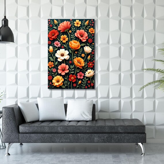 Botanical Colorful Wildflower Field Canvas Wall Art, Vintage Dark Green Wildflowers Print, Wildflower Wall Art,Modern Farmhouse Canvas decor
