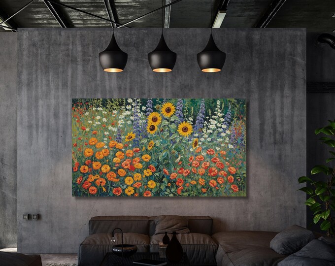 Klimt Style Flower Garden Canvas Wall Art – Colorful Botanical Print – Nature Inspired Bedroom or Living Room Wall Decor Ready to Hang art