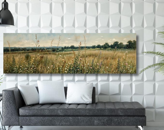 Panoramic Wildflower Field Oil Painting: Vintage Botanical Canvas Wall Art (Digital Download)