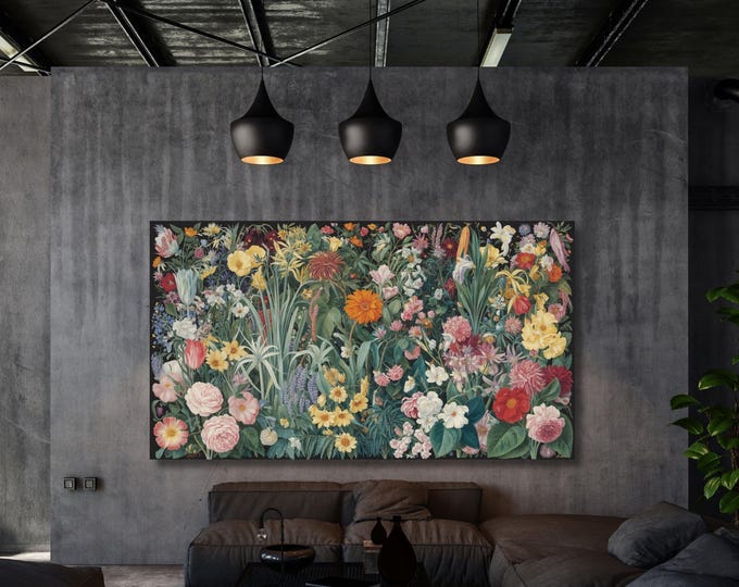 Wildflower Garden Canvas Art, Gustav Klimt Style Woodland Print, Vertical Meadow Wall Decor