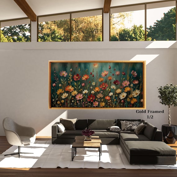 Vintage Wildflower Field Canvas Wall Art – Dark Green Botanical Cottagecore Decor