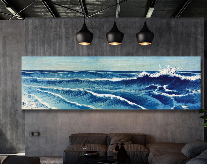 Panoramic Ocean Waves Canvas Art, Japanese Print, Minimalist Wall Decor
