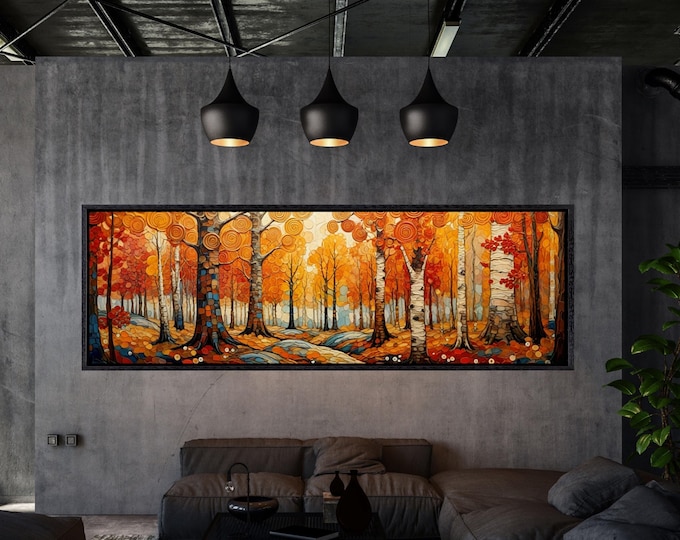 Panoramic Birch Forest Print, Gustav Klimt Inspired Art, Autumn Tree Canvas Poster