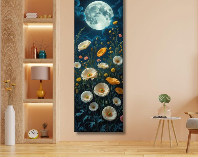 Klimt Style Full Moon Wildflower Canvas Art: Rustic Mountain Print