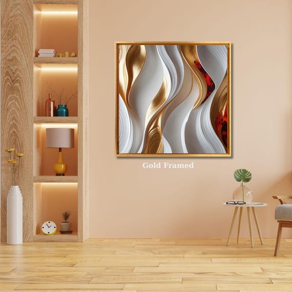 Abstract Gold and White Flow Canvas Art, Modern Wavy Wall Decor, Elegant 3D Look Fluid Painting