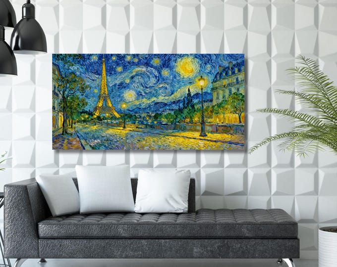 Starry Night Paris Canvas Art, Van Gogh Inspired Cityscape, Eiffel Tower Print, Impressionist France Painting, Romantic Bedroom Wall Decor