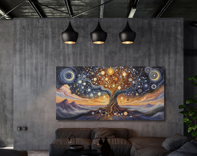 Tree of Life Canvas Art, Klimt Inspired Golden Painting, Surreal Dali Style, Spiritual Decor