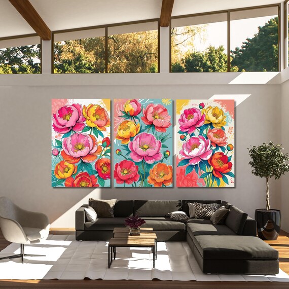 Set of 3 Summer Peony Canvas Prints Colorful Quirky Handdrawn Floral Wall Art Bright Botanical Flowers for Bedroom Kitchen or Gallery Wall