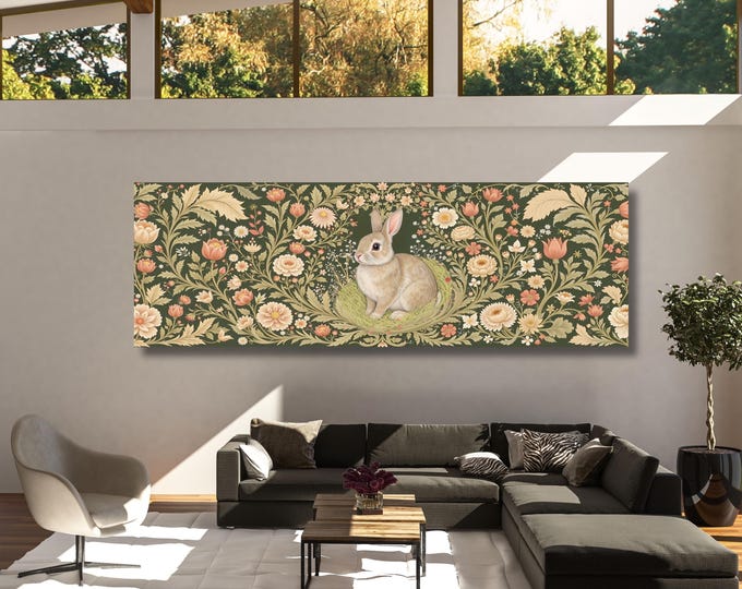 Whimsical Rabbit Canvas in William Morris Style Vintage Floral Animal Wall Art Classic Nature Print for Cottagecore or Nursery Decor Prints