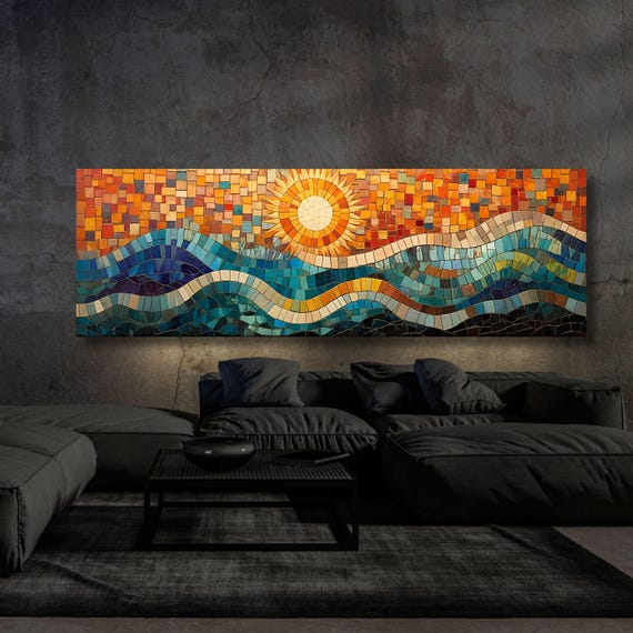 Panoramic Mosaic view Sea Sun Canvas Art Famous Art,Large Wall Art, Minimalist Canvas Art, abstract sea scape Wall art Waves Line Art Beach