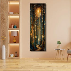 May include: A vertical rectangular wall art print depicting a dense forest scene at night with a glowing full moon, tall dark trees, and a winding path illuminated by golden circular lights and soft ambient light throughout the woodland.
