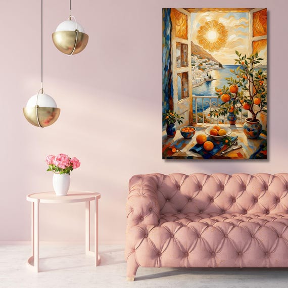 Henri Matisse Style Open Window Canvas Wall Art – Klimt Sea Orange Modern Decor