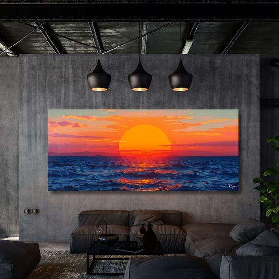 Sunset Panoramic Wall Art,Warm Sun Canvas Print,Minimalist Sunset Wall Decor,Landscape Canvas,Nature Sun Art for Living Room Canvas Wall Art