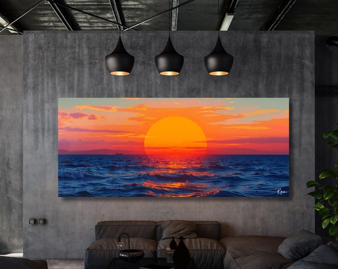 Sunset Panoramic Wall Art,Warm Sun Canvas Print,Minimalist Sunset Wall Decor,Landscape Canvas,Nature Sun Art for Living Room Canvas Wall Art