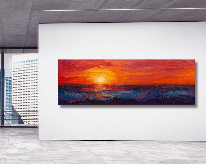 Panoramic Sun Landscape Canvas Wall Art,Framed Canvas Japanese Style Mid Century Exhibition Long Narrow Print,Large Modern Living Room Decor