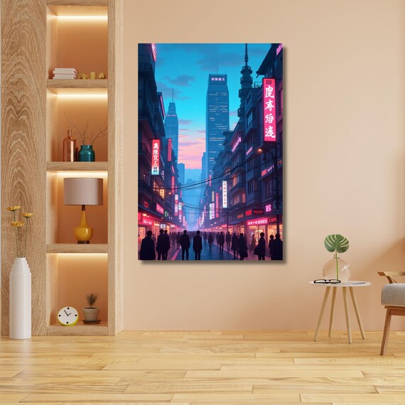 Neon Tokyo Canvas Wall Art Sun Tokyo Print, Japanese Inspired City Art, Anime City Art, Framed Printed Canvas Art, Vaporwave City Wall Art
